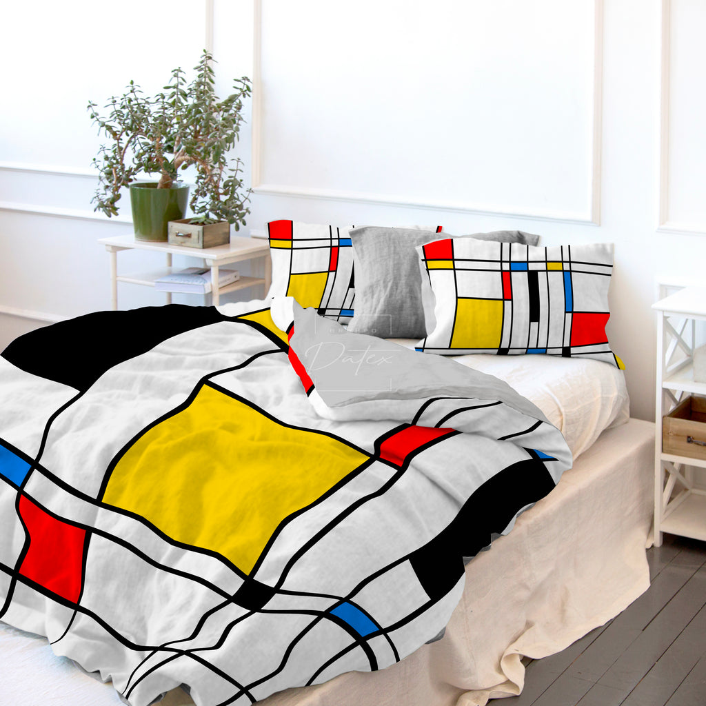 Copripiumino Matrimoniale " COMPOSIZIONE BIANCO,ROSSO " di MONDRIAN - Spugna e Cotone