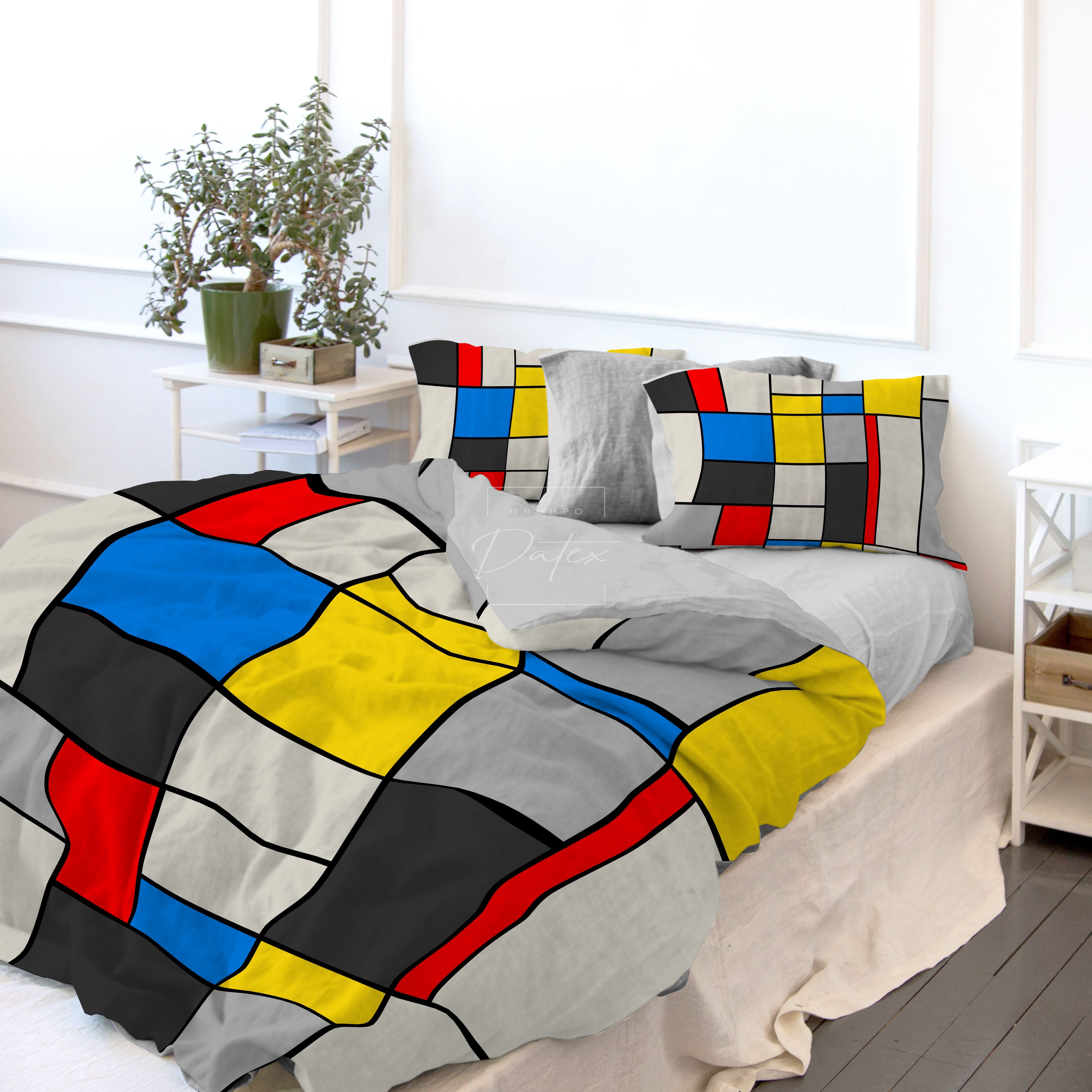 Copripiumino Matrimoniale " COMPOSIZIONE ROSSO, GIALLO, BLU" di MONDRIAN - Spugna e Cotone