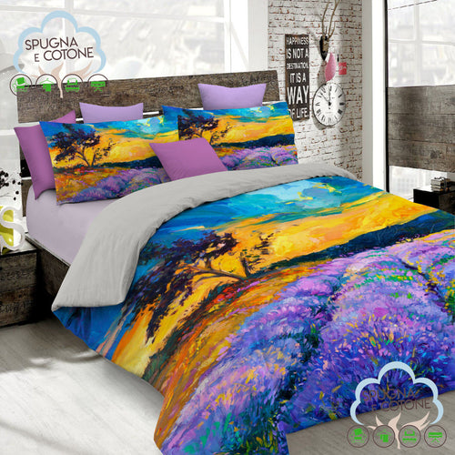 Copripiumino Matrimoniale " PAESAGGIO MODERNO LAVANDA " - Spugna e Cotone