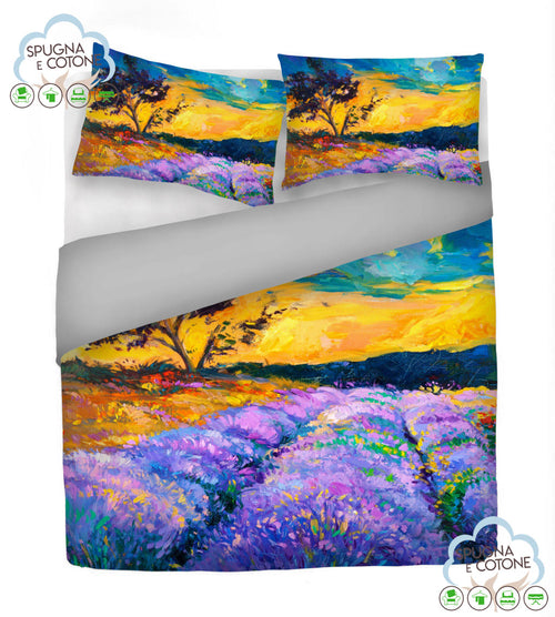 Copripiumino Matrimoniale " PAESAGGIO MODERNO LAVANDA " - Spugna e Cotone