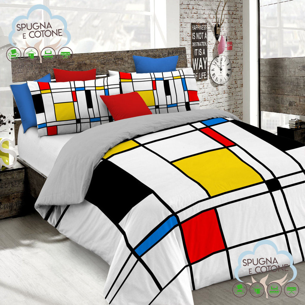 Copripiumino Matrimoniale " COMPOSIZIONE BIANCO,ROSSO " di MONDRIAN - Spugna e Cotone