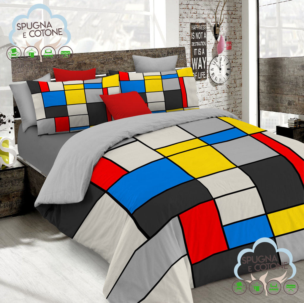 Copripiumino Matrimoniale " COMPOSIZIONE ROSSO, GIALLO, BLU" di MONDRIAN - Spugna e Cotone